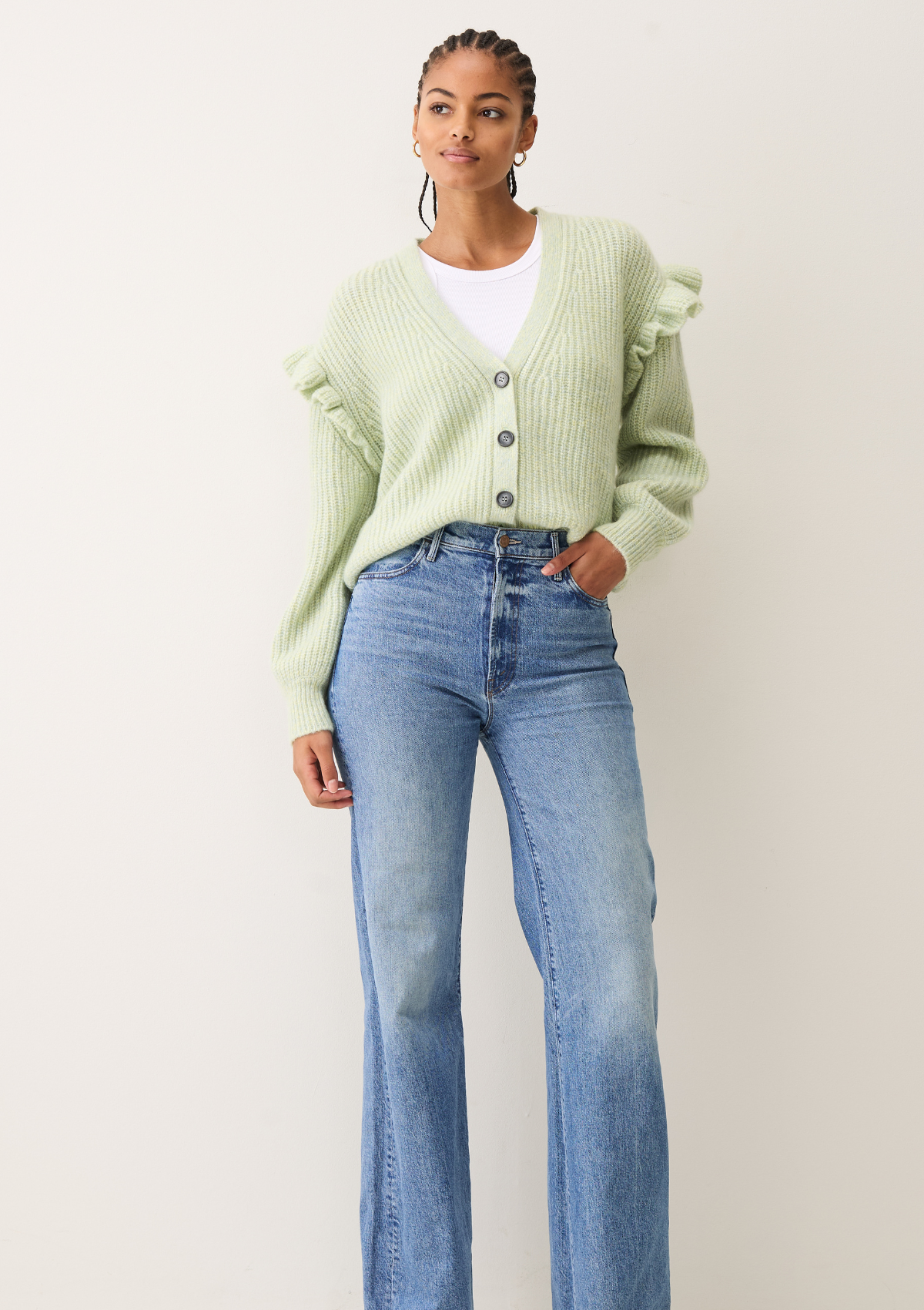 Silk & Cashmere Frilled Cardigan in Tannin Green