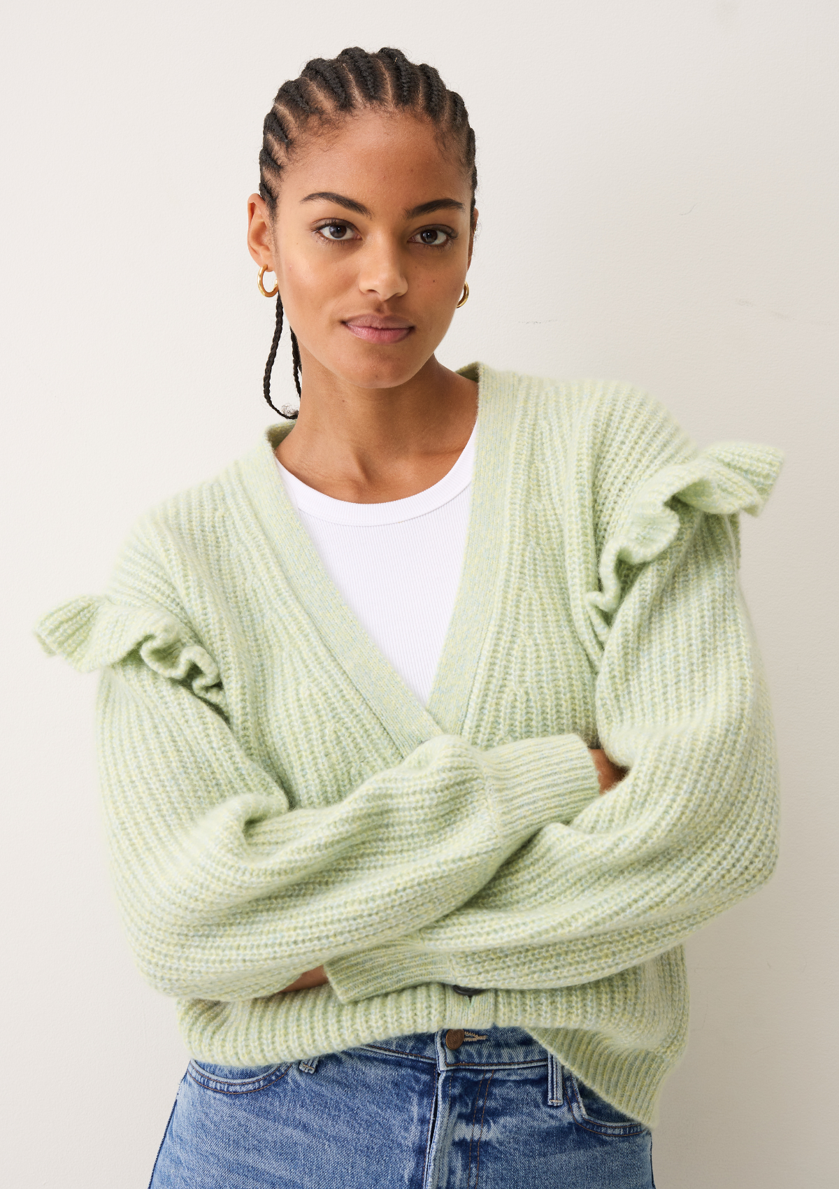 Silk & Cashmere Frilled Cardigan in Tannin Green