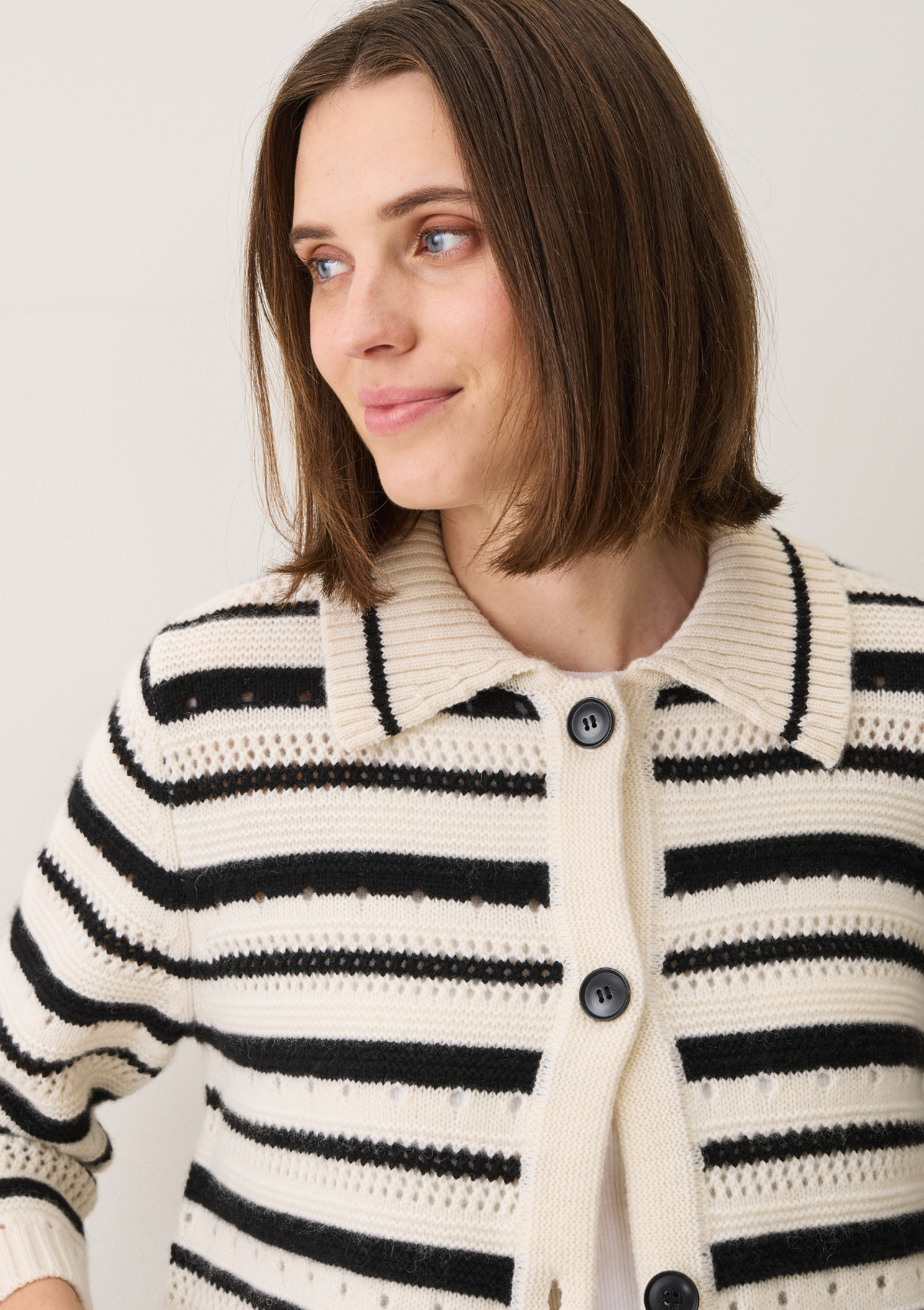Cashmere Pointelle Jacket in Chalk/Black Stripes