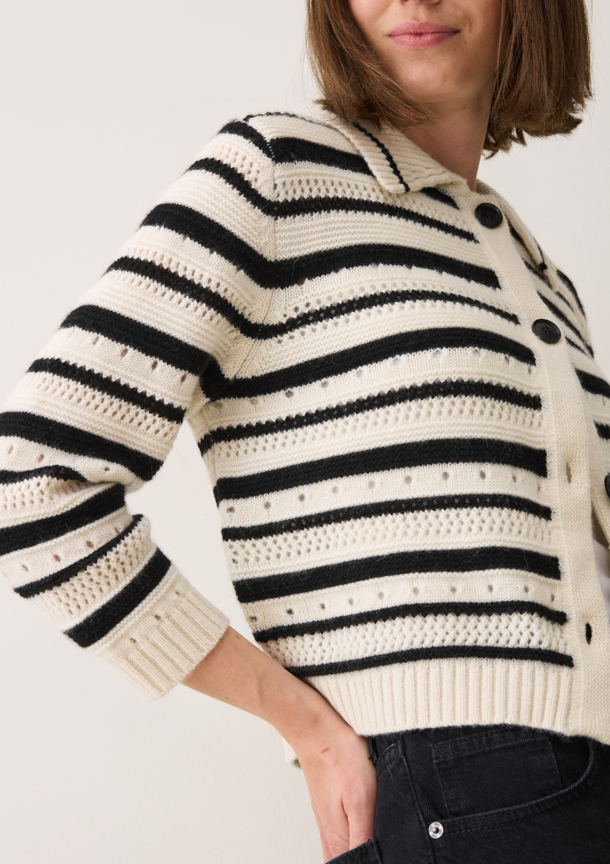 Cashmere Pointelle Jacket in Chalk/Black Stripes