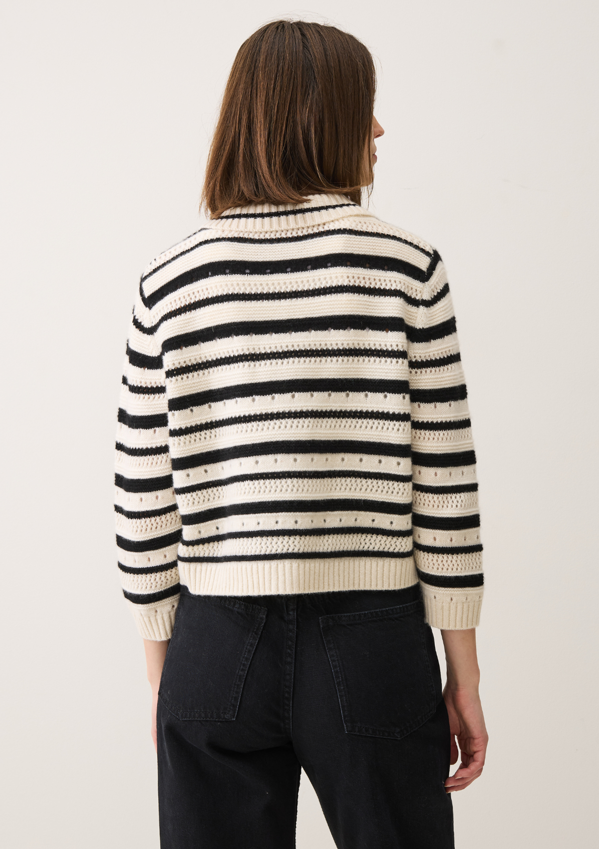 Cashmere Pointelle Jacket in Chalk/Black Stripes