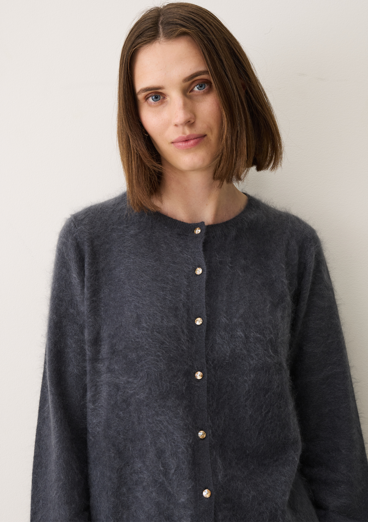 Brushed Cashmere Cardigan with Jewelled Buttons in Universe Grey