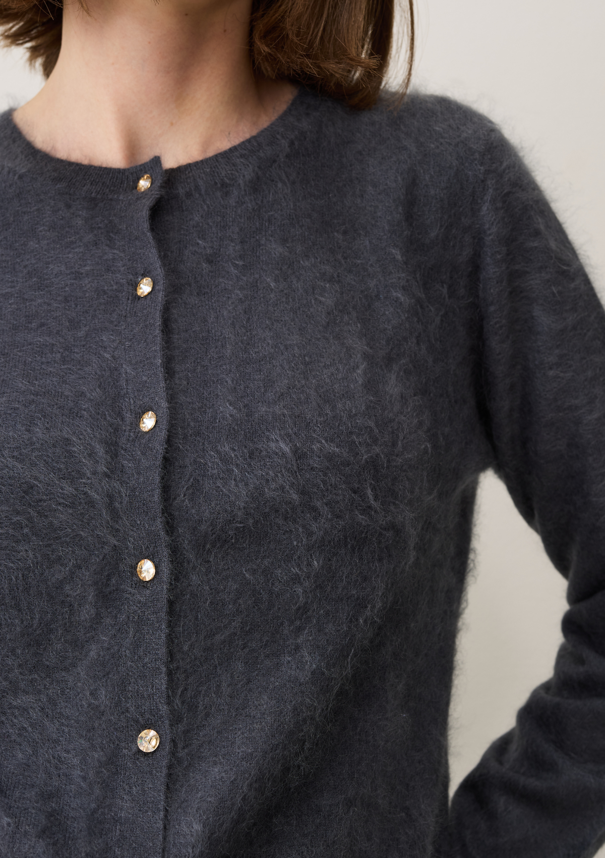Brushed Cashmere Cardigan with Jewelled Buttons in Universe Grey