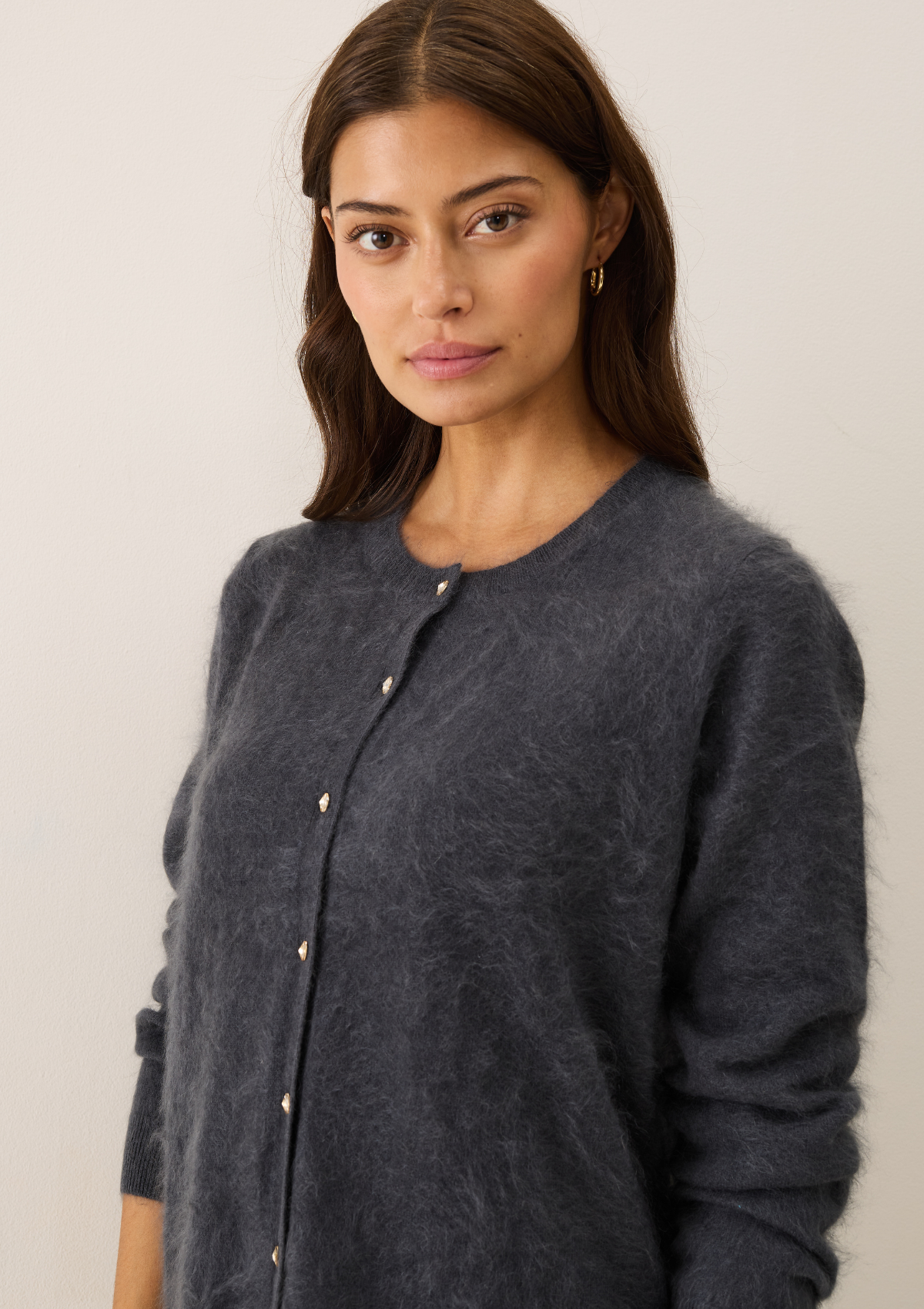Brushed Cashmere Cardigan with Jewelled Buttons in Universe Grey