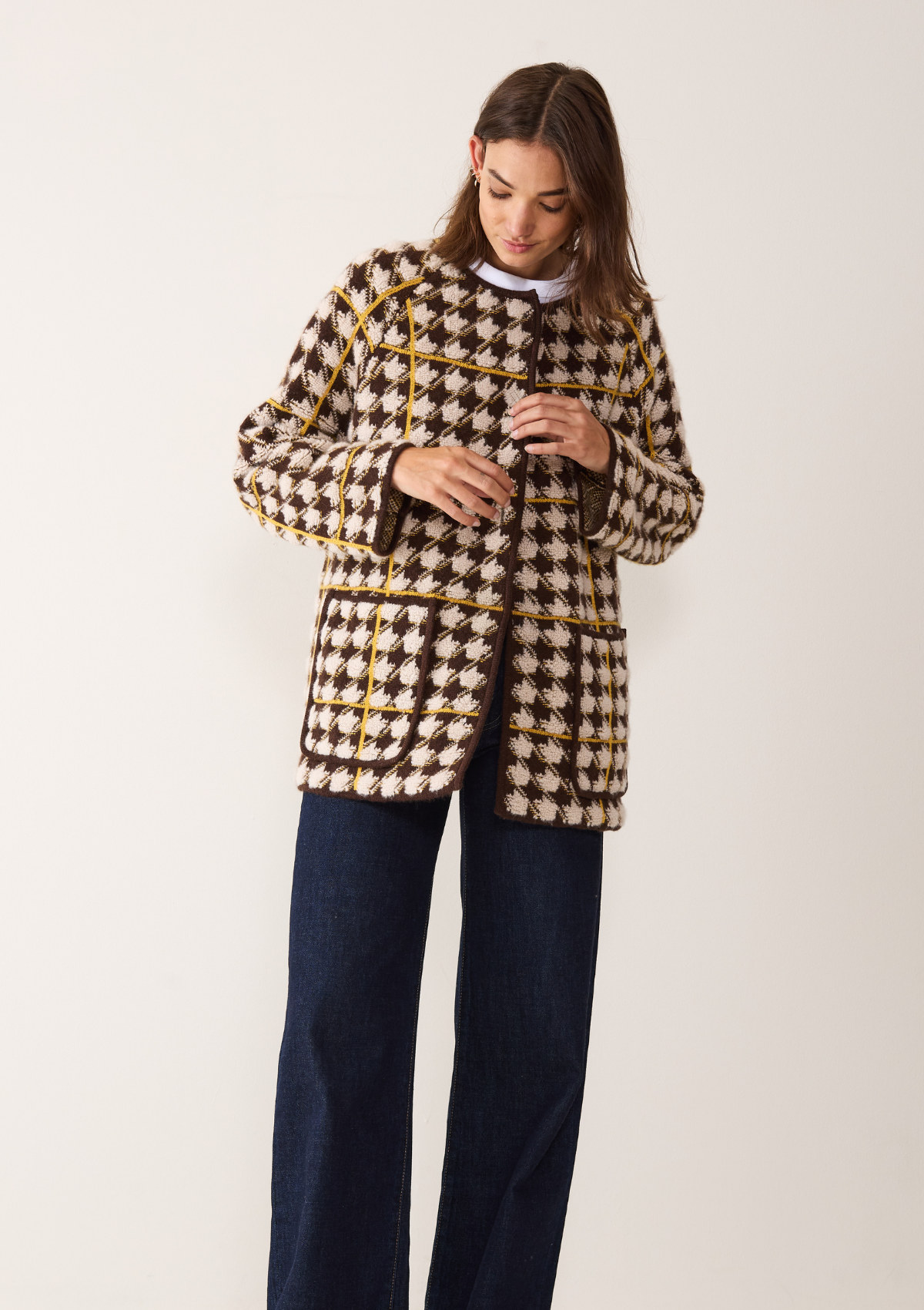 Dogtooth Checked Coat in Melon Yellow & Americano Brown