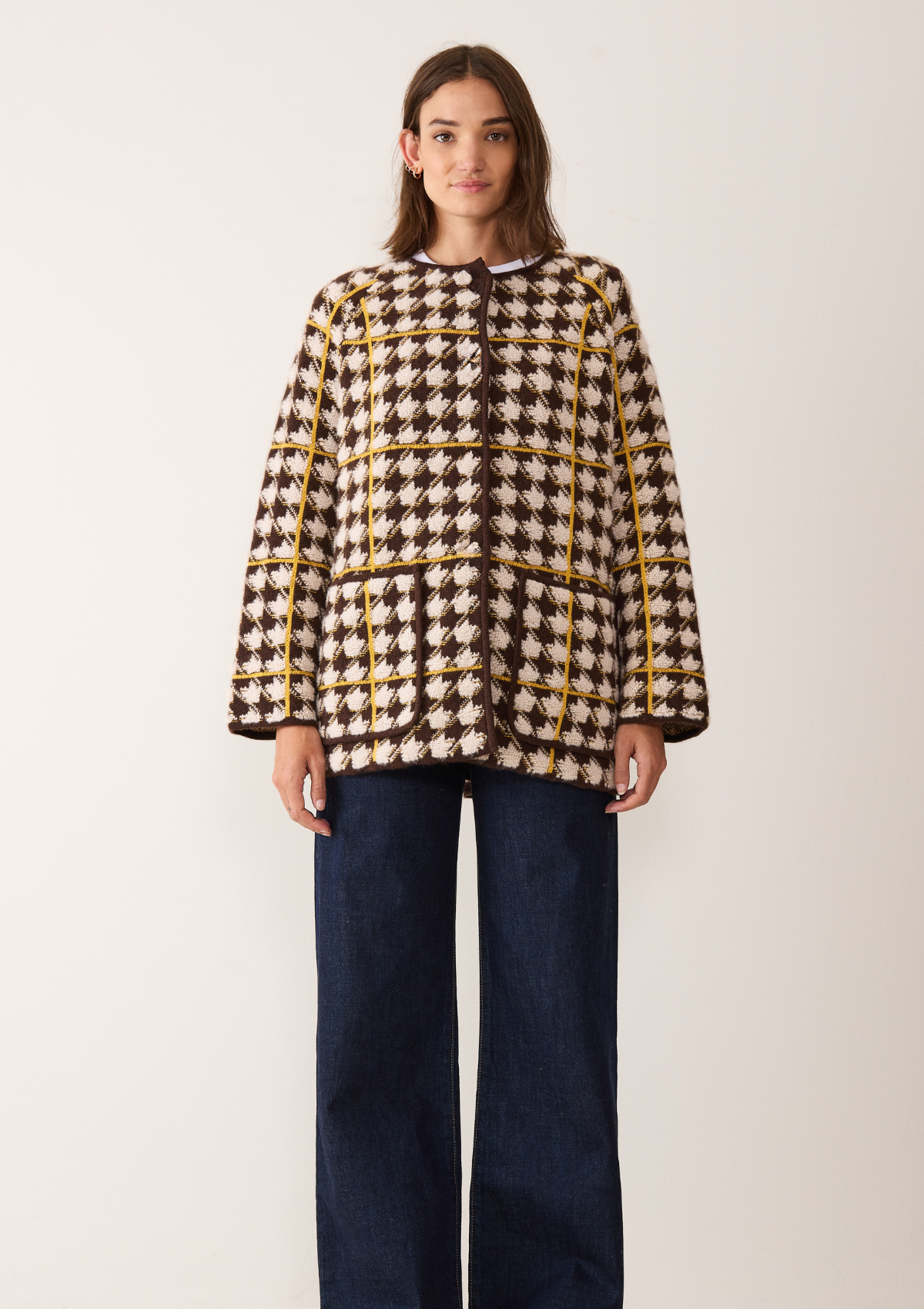 Dogtooth Checked Coat in Melon Yellow & Americano Brown