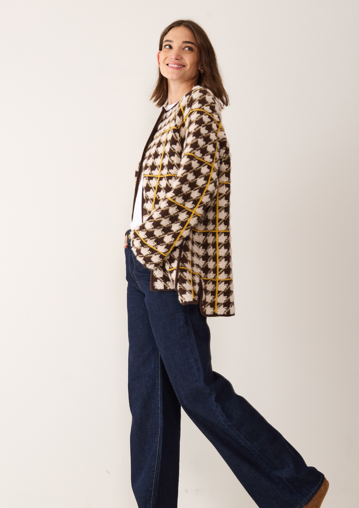 Dogtooth Checked Coat in Melon Yellow & Americano Brown