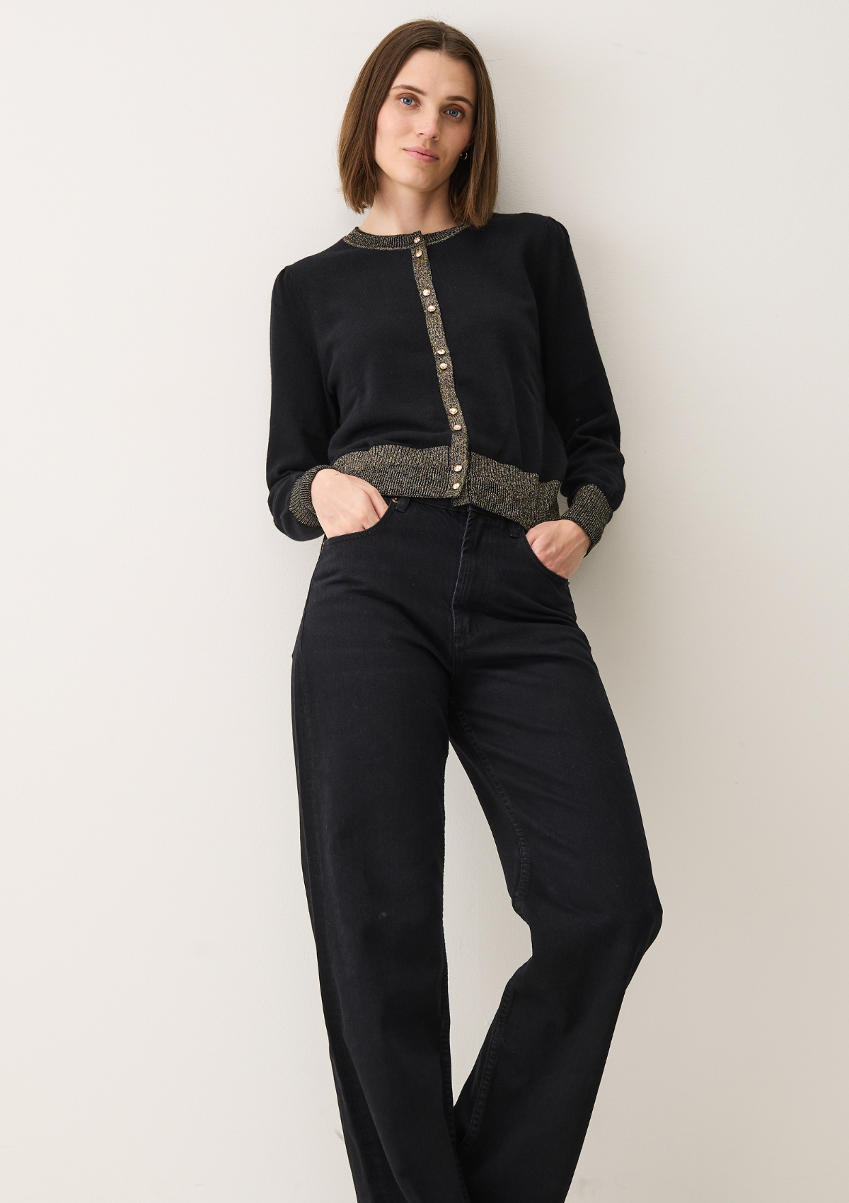 Cardigan in Black & Gold With Gold Glass Buttons