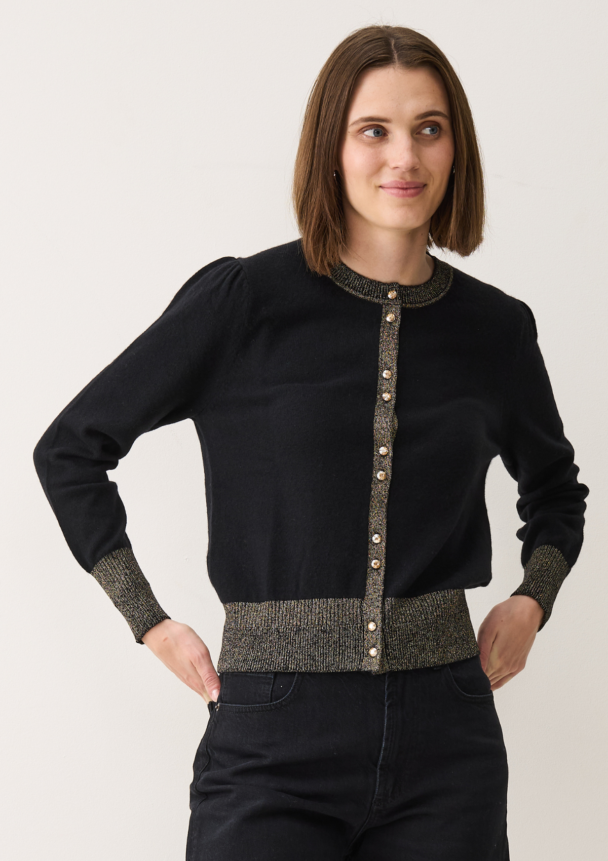 Cardigan in Black & Gold With Gold Glass Buttons