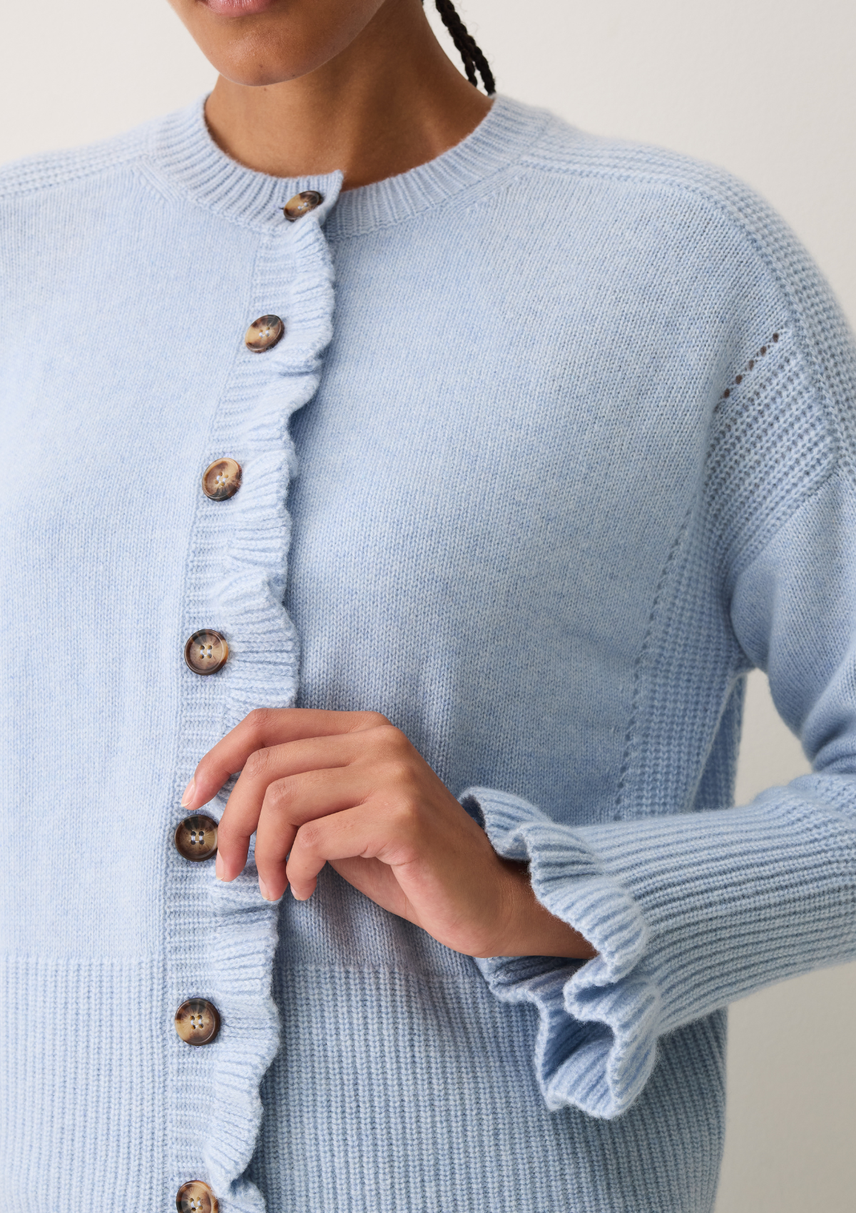 Frill Front Cardigan in Skyway Blue