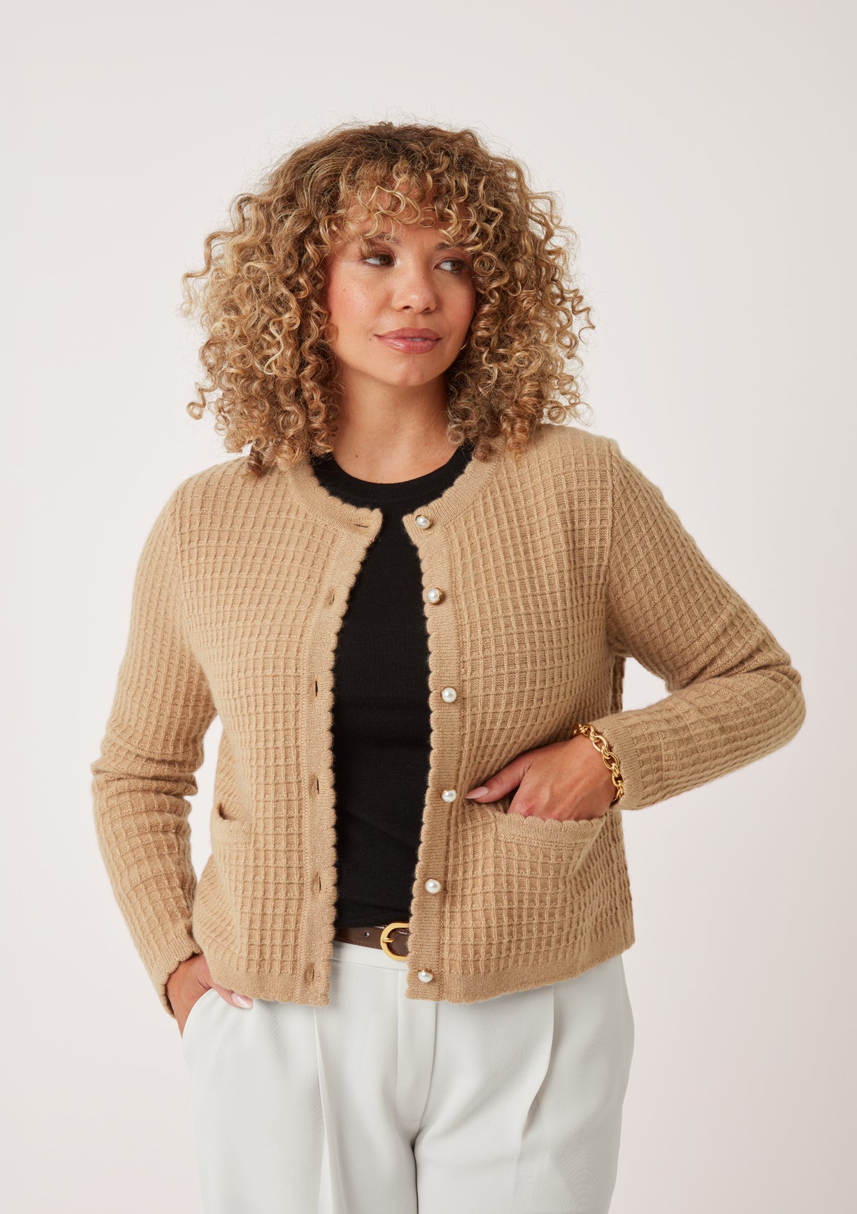 Crew Neck Cardigan in Honey/Gold