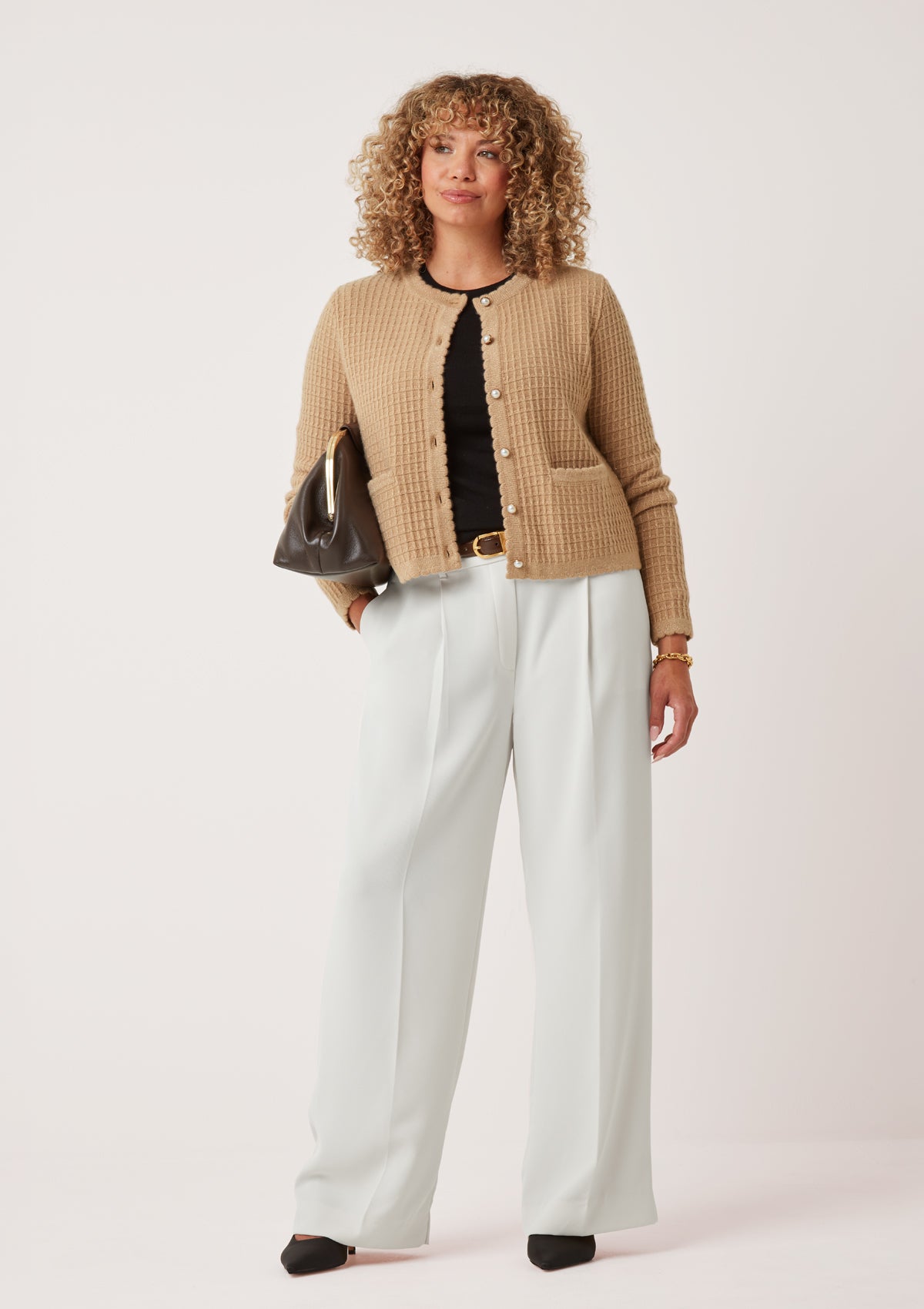 Crew Neck Cardigan in Honey/Gold