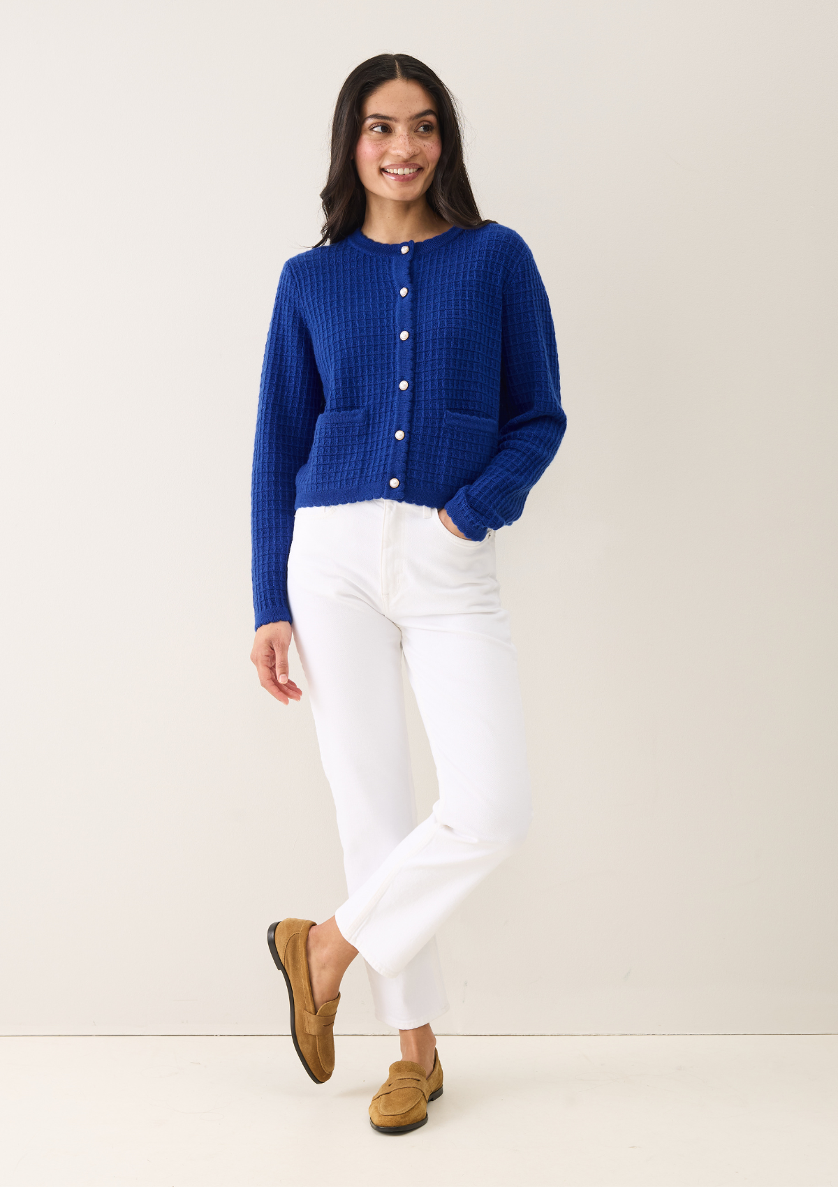 Crew Neck Cardigan in Lapis Blue
