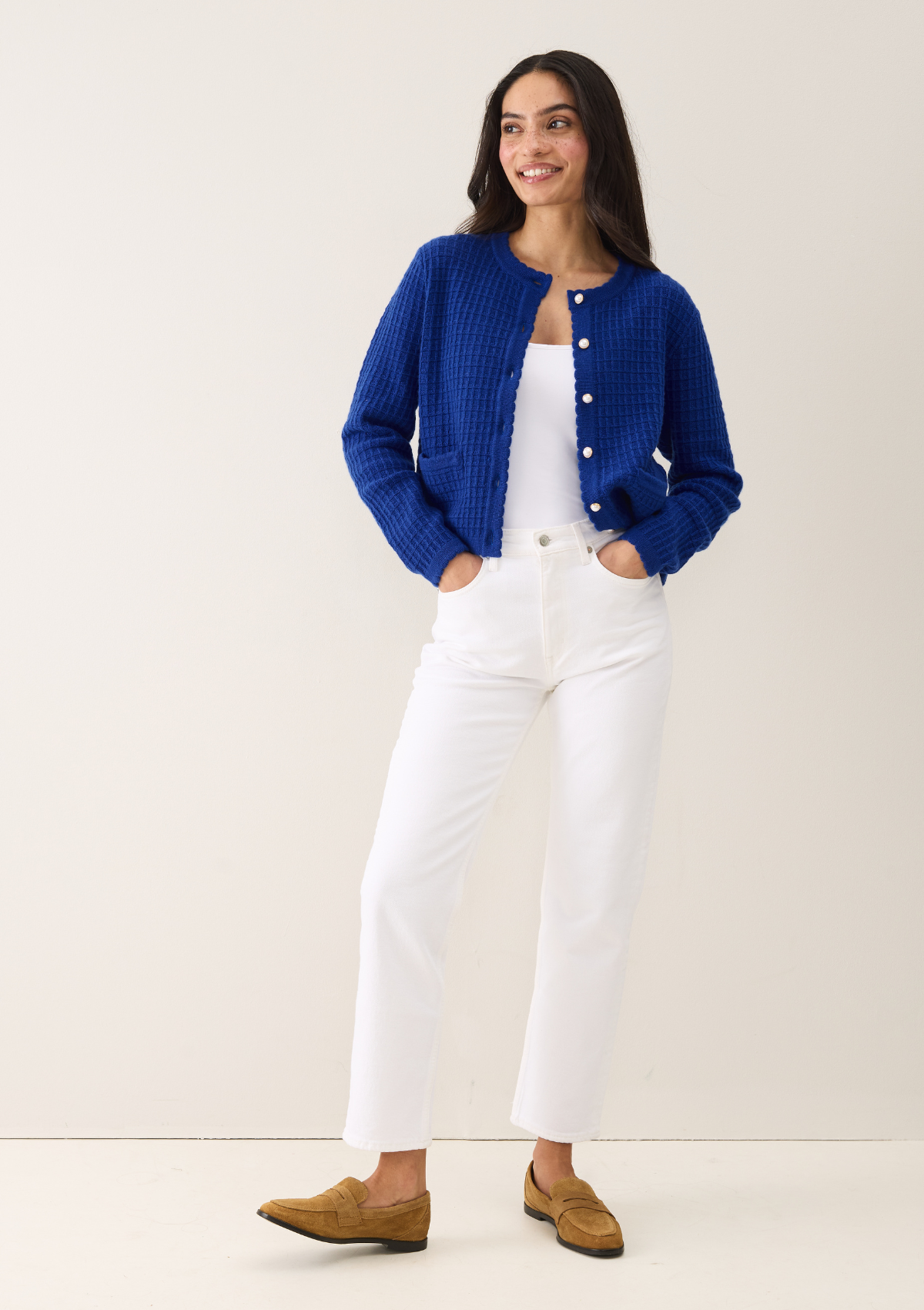 Crew Neck Cardigan in Lapis Blue