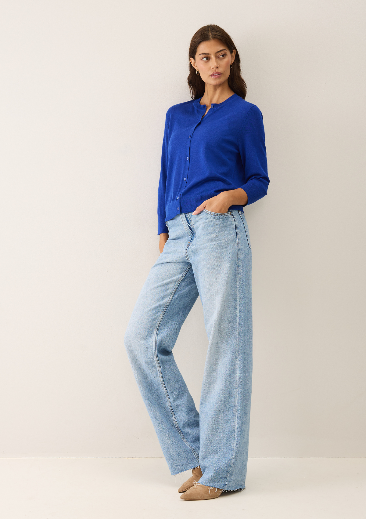 3/4 Sleeve Crew Neck Cardigan in Regatta Blue