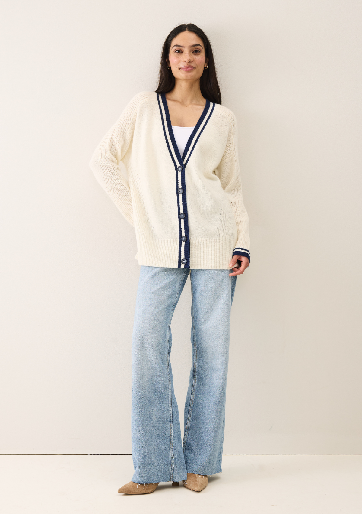Striped Tipped V Neck Lofty Cardigan in Snow White