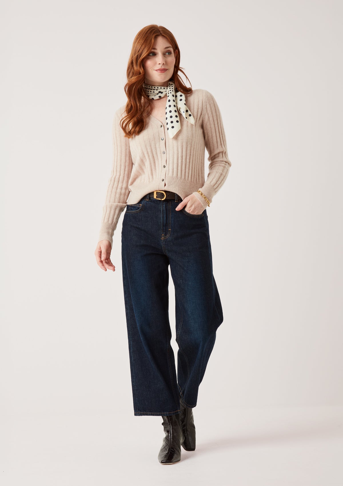 Cashmere Wide Rib Cardigan in Wheat