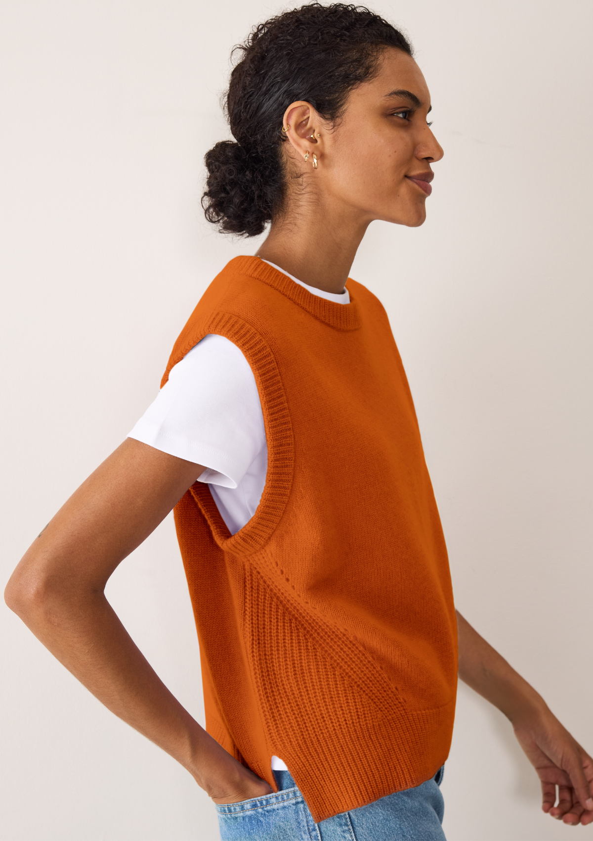Ribbed Detail Lofty Cashmere Tank in Marmalade Orange