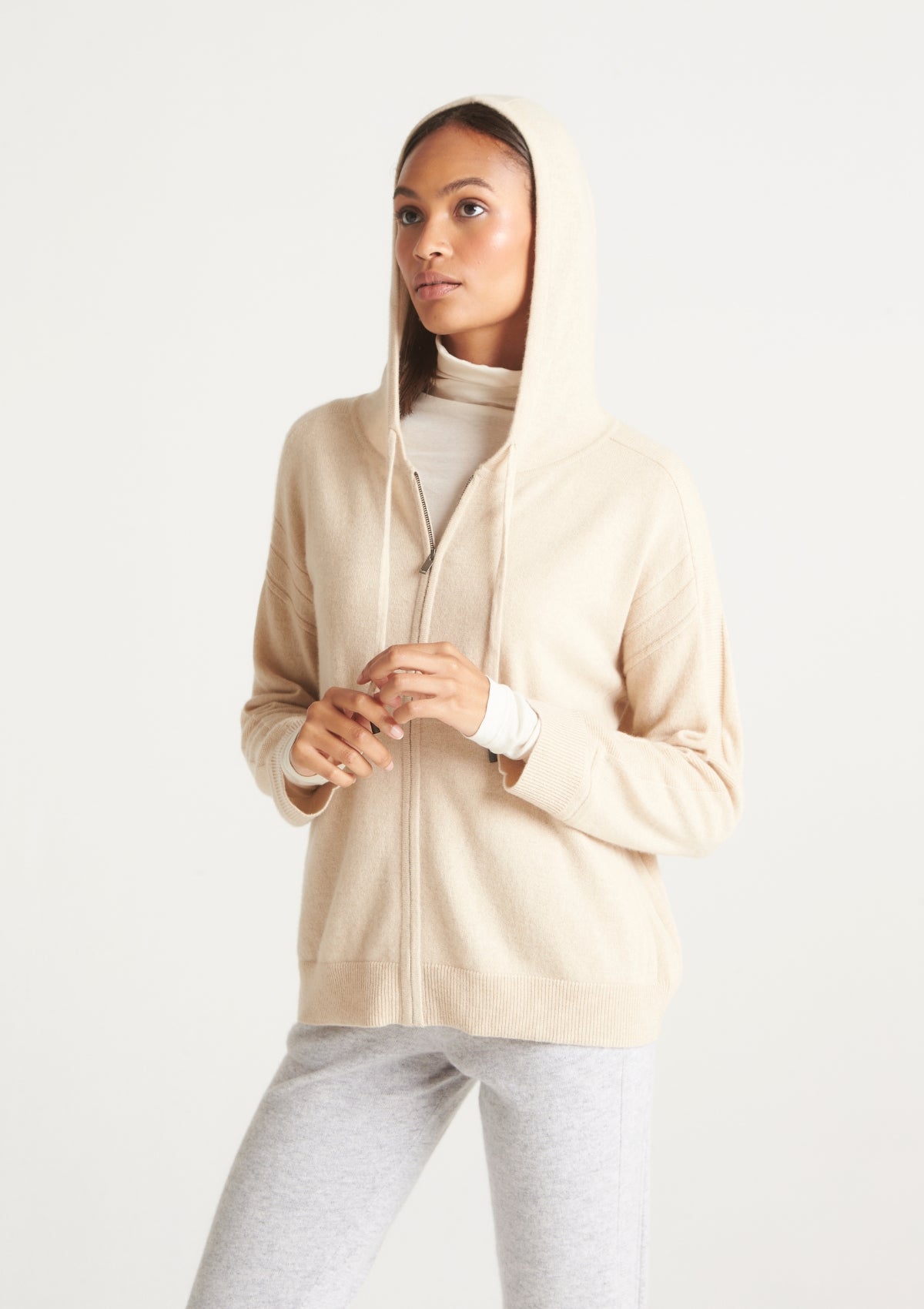 Cashmere Zip Through Hoodie in Natural Beige