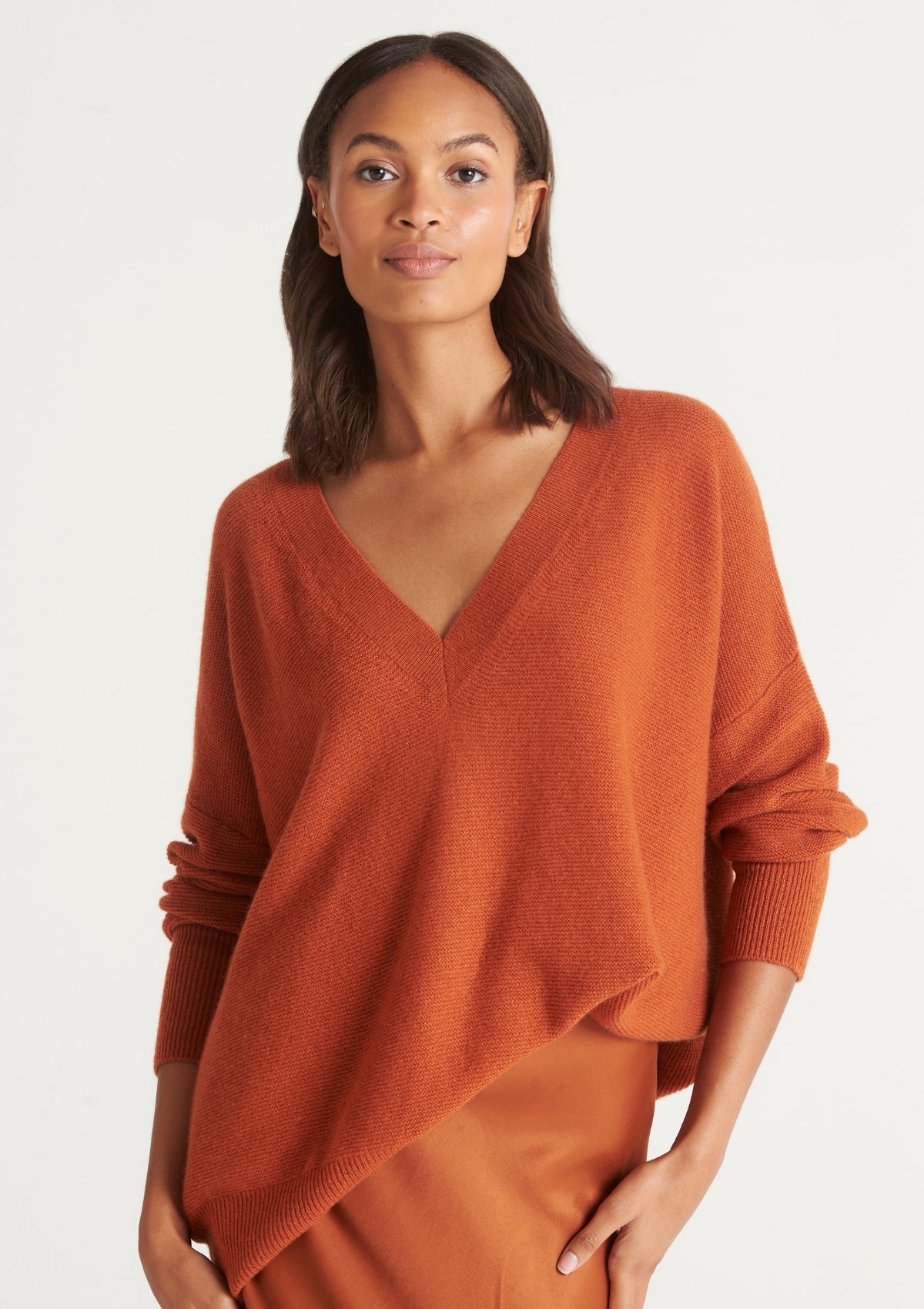 Relaxed V Neck Sweater in Ginger Orange