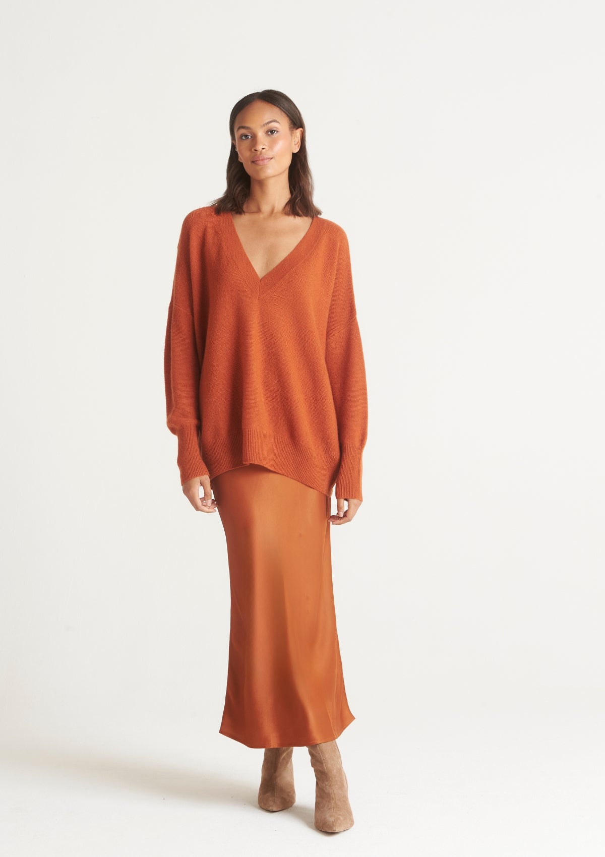 Relaxed V Neck Sweater in Ginger Orange