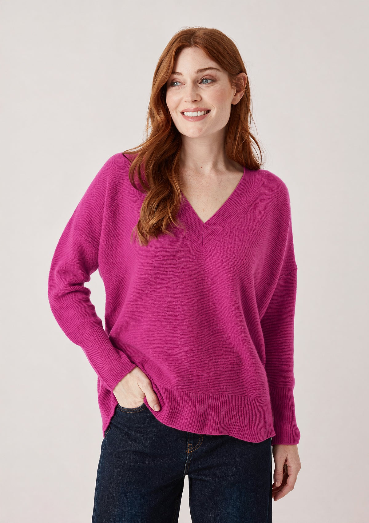 Relaxed Lofty V Neck Sweater in Morello Pink