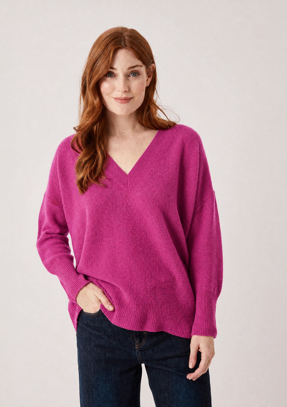 Relaxed Lofty V Neck Sweater in Morello Pink