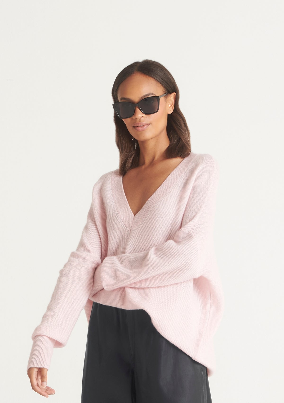 Relaxed V Neck Sweater in Pixie Pink