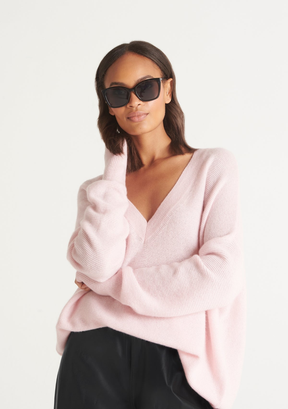 Relaxed V Neck Sweater in Pixie Pink