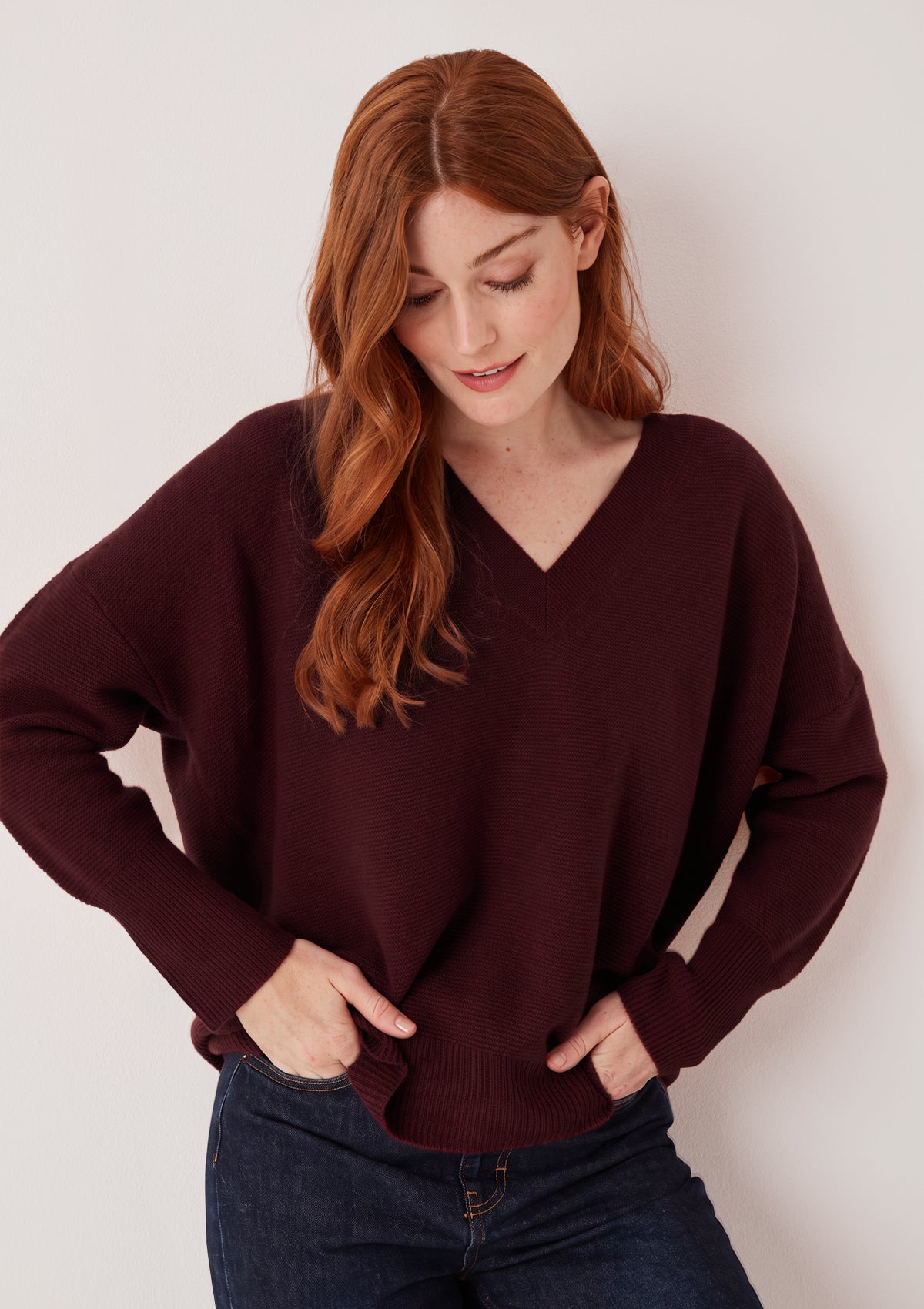 Relaxed Lofty V Neck Sweater in Bordeaux Burgundy