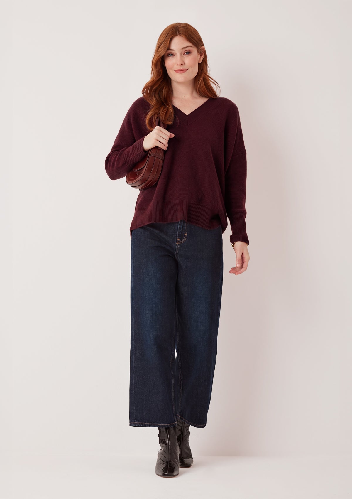Relaxed Lofty V Neck Sweater in Bordeaux Burgundy