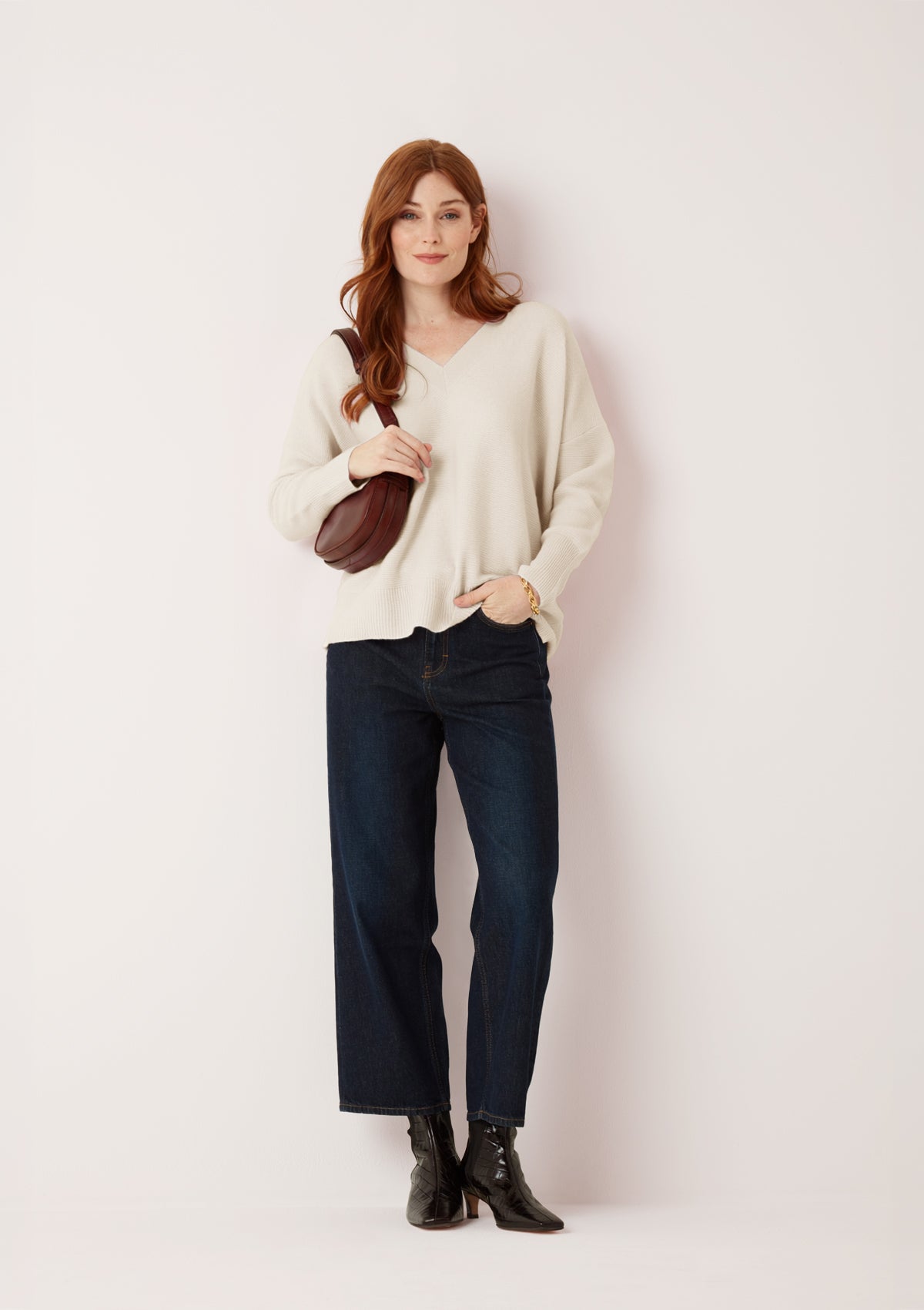 Relaxed Lofty V-Neck Sweater in Chalk White