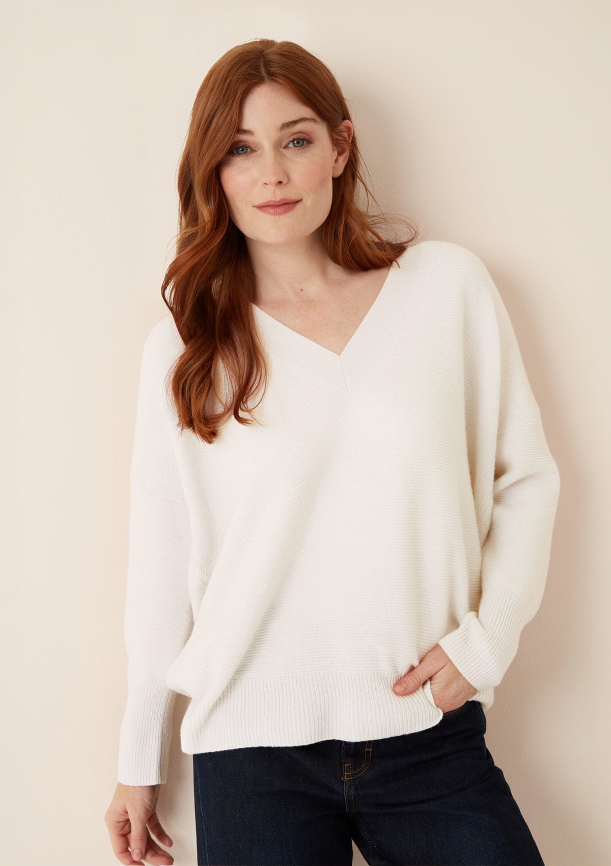 Relaxed Lofty V Neck Sweater in Snow White