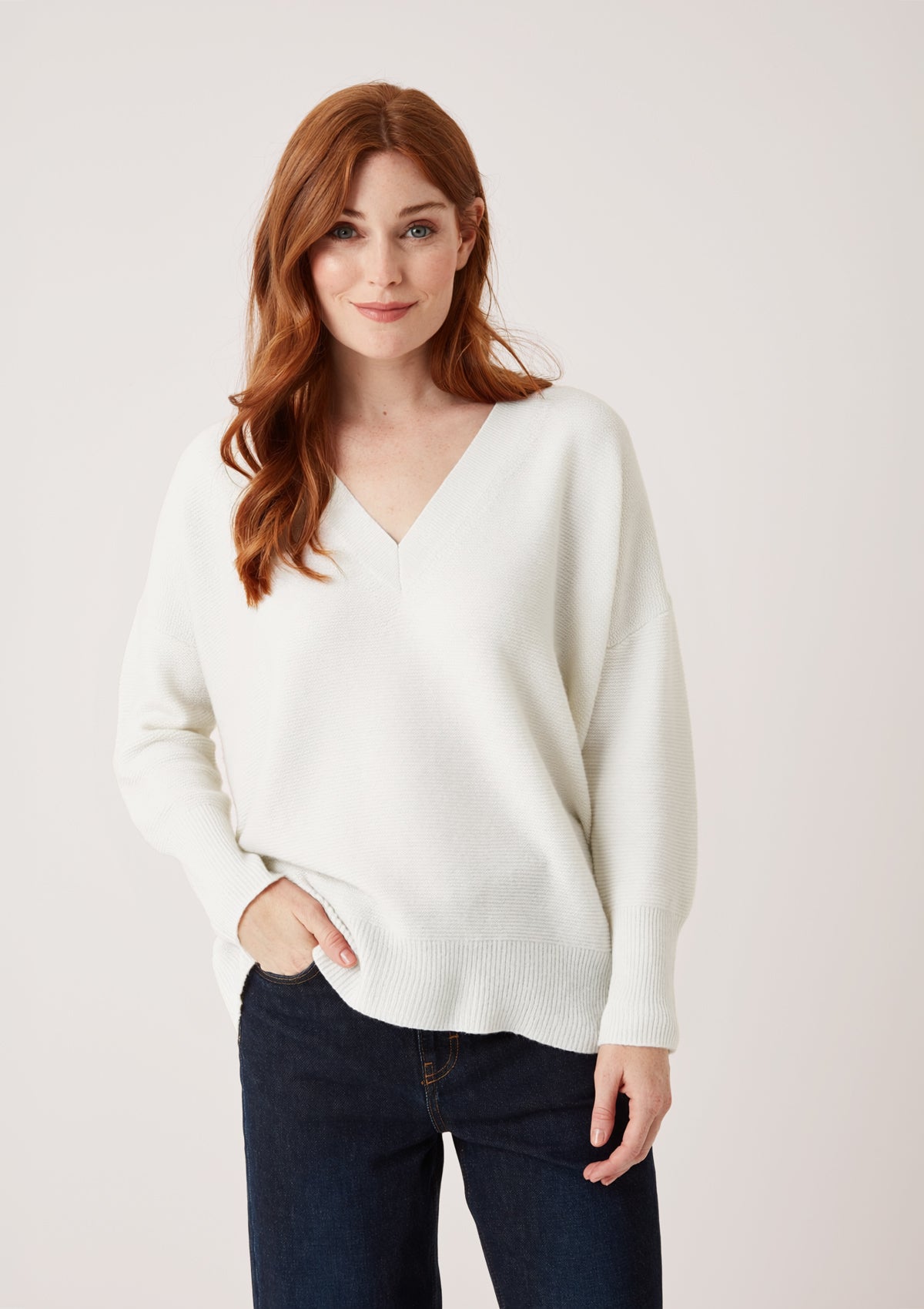 Relaxed Lofty V Neck Sweater in Snow White