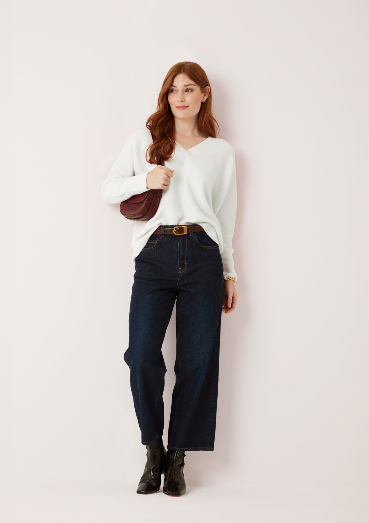 Relaxed Lofty V Neck Sweater in Snow White