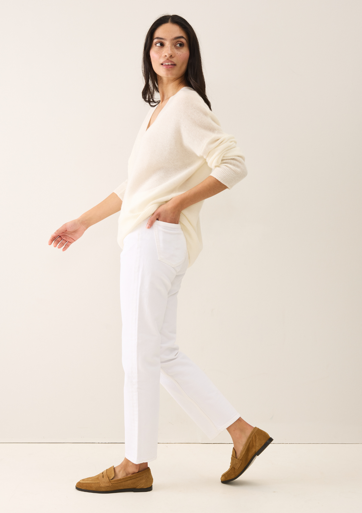 Relaxed Lofty V-Neck Sweater in Chalk White