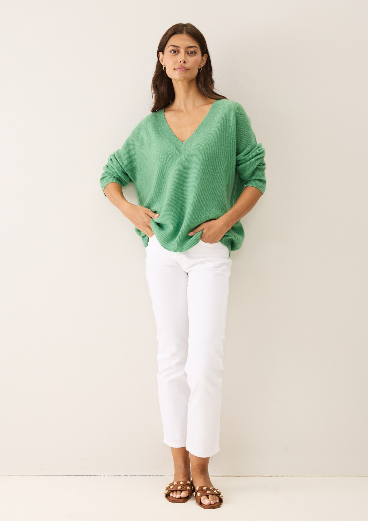 Relaxed Lofty V Neck Sweater in Chai Green