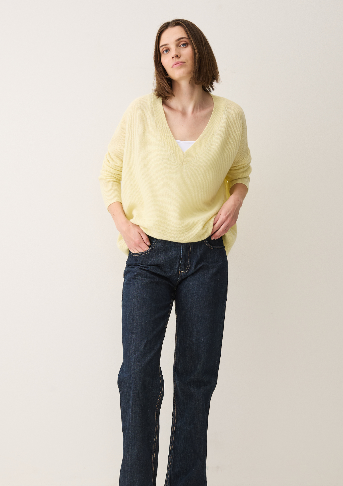 Relaxed Lofty V-Neck Sweater in Lemonade Yellow