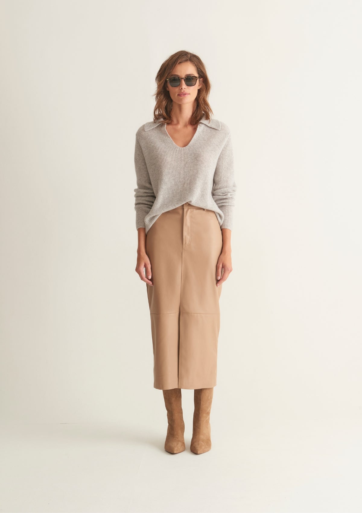 Cashmere Open Collar Sweater in Foggy Grey
