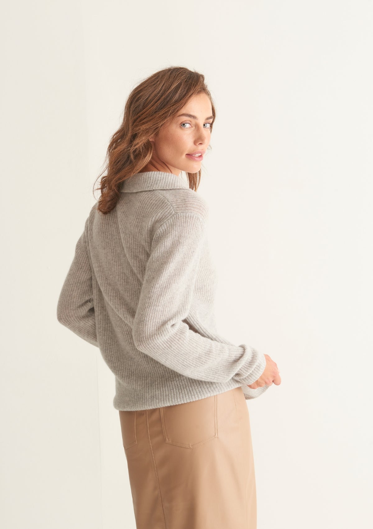 Cashmere Open Collar Sweater in Foggy Grey