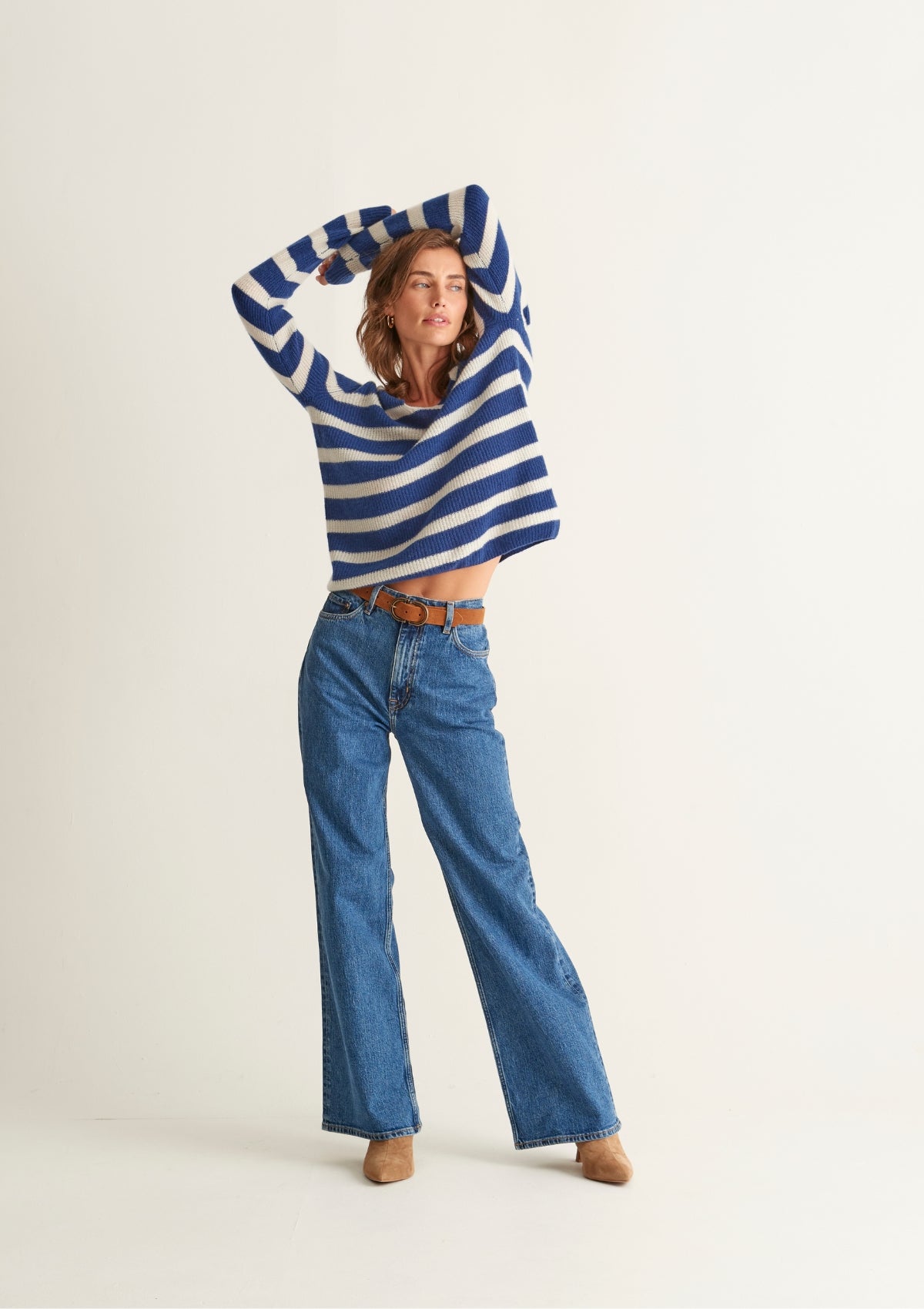 Cashmere Open Collar Sweater in Midnight Blue/Feather Stripe