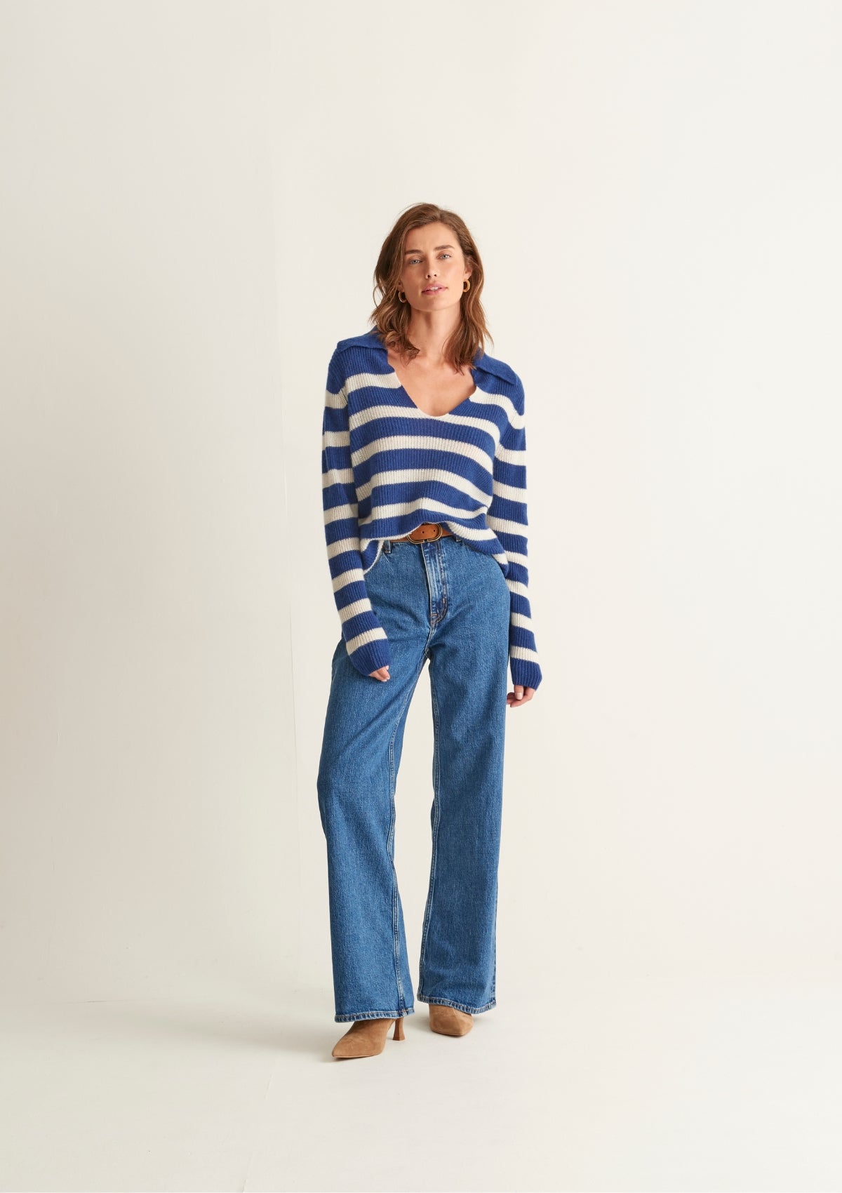 Cashmere Open Collar Sweater in Midnight Blue/Feather Stripe