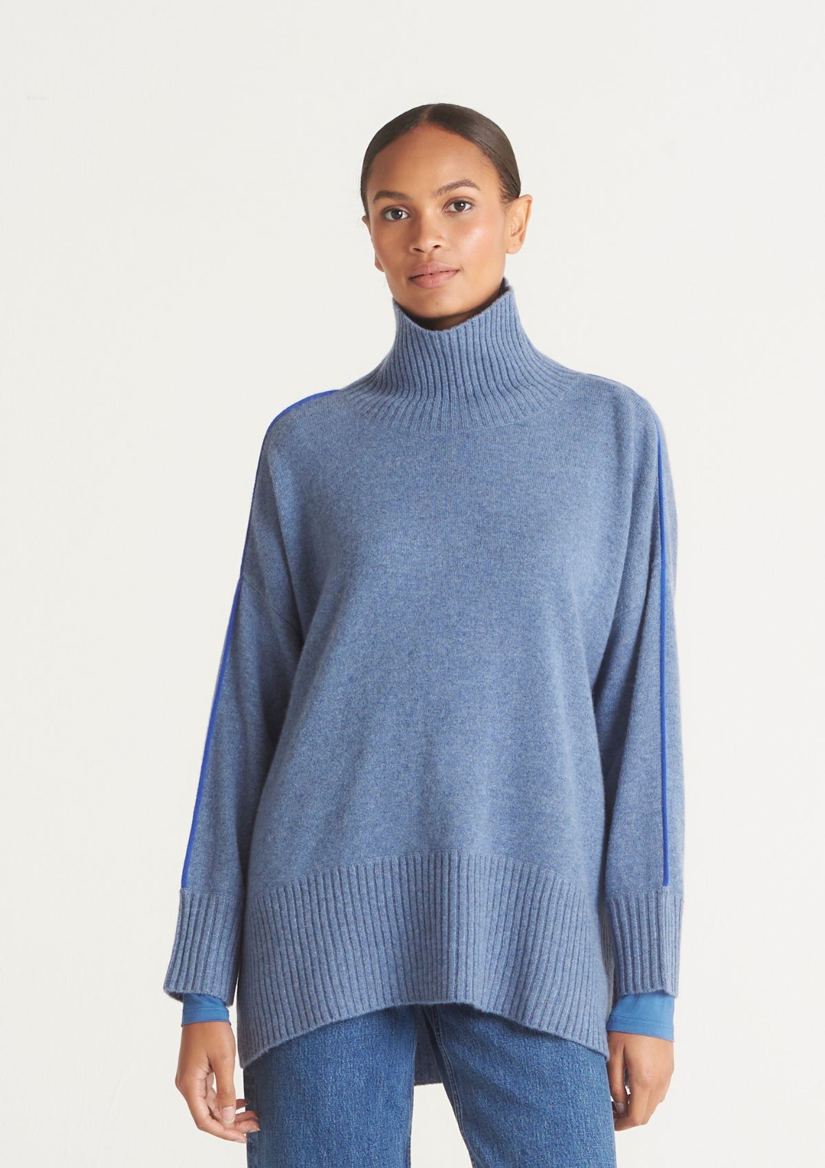 Contrast Trim Polo Neck Sweater in Baltic Blue/Klein Blue