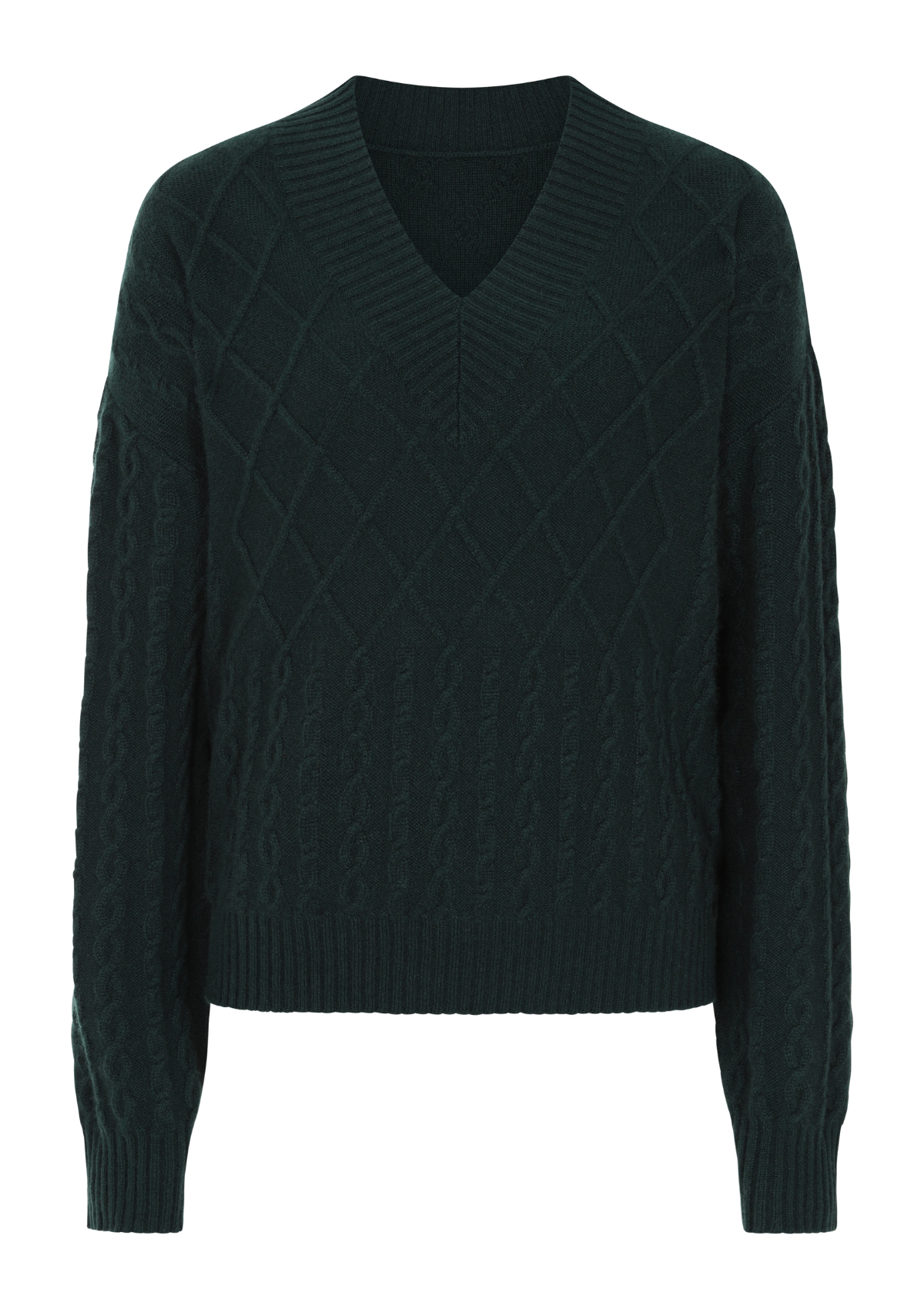 Ribbed Trim Cable Cashmere V Neck Sweater in Black