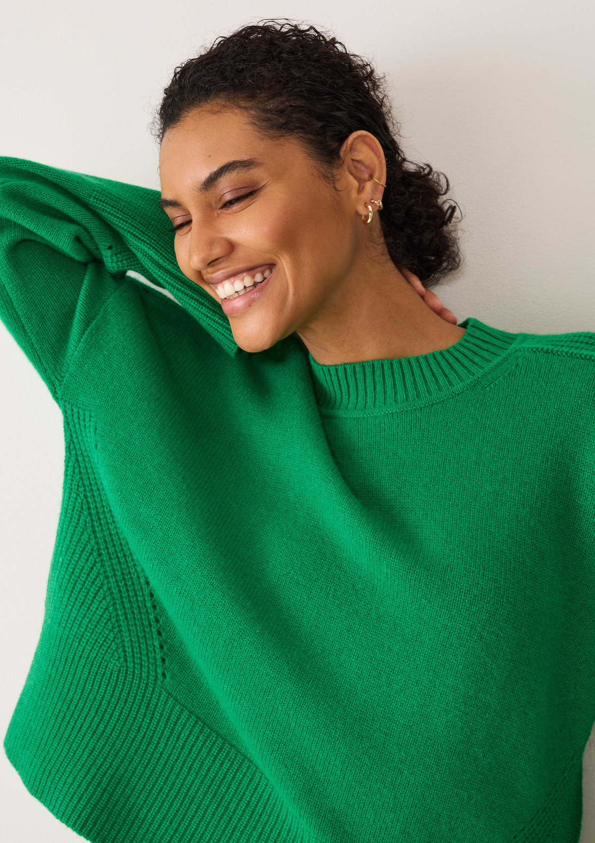 Ribbed Detail Lofty Crew Sweatshirt in Billiard Green