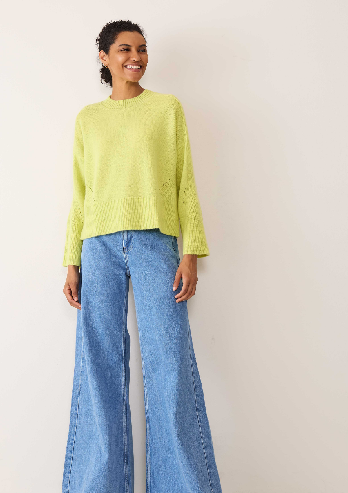 Ribbed Detail Lofty Crew Sweatshirt in Lime Green