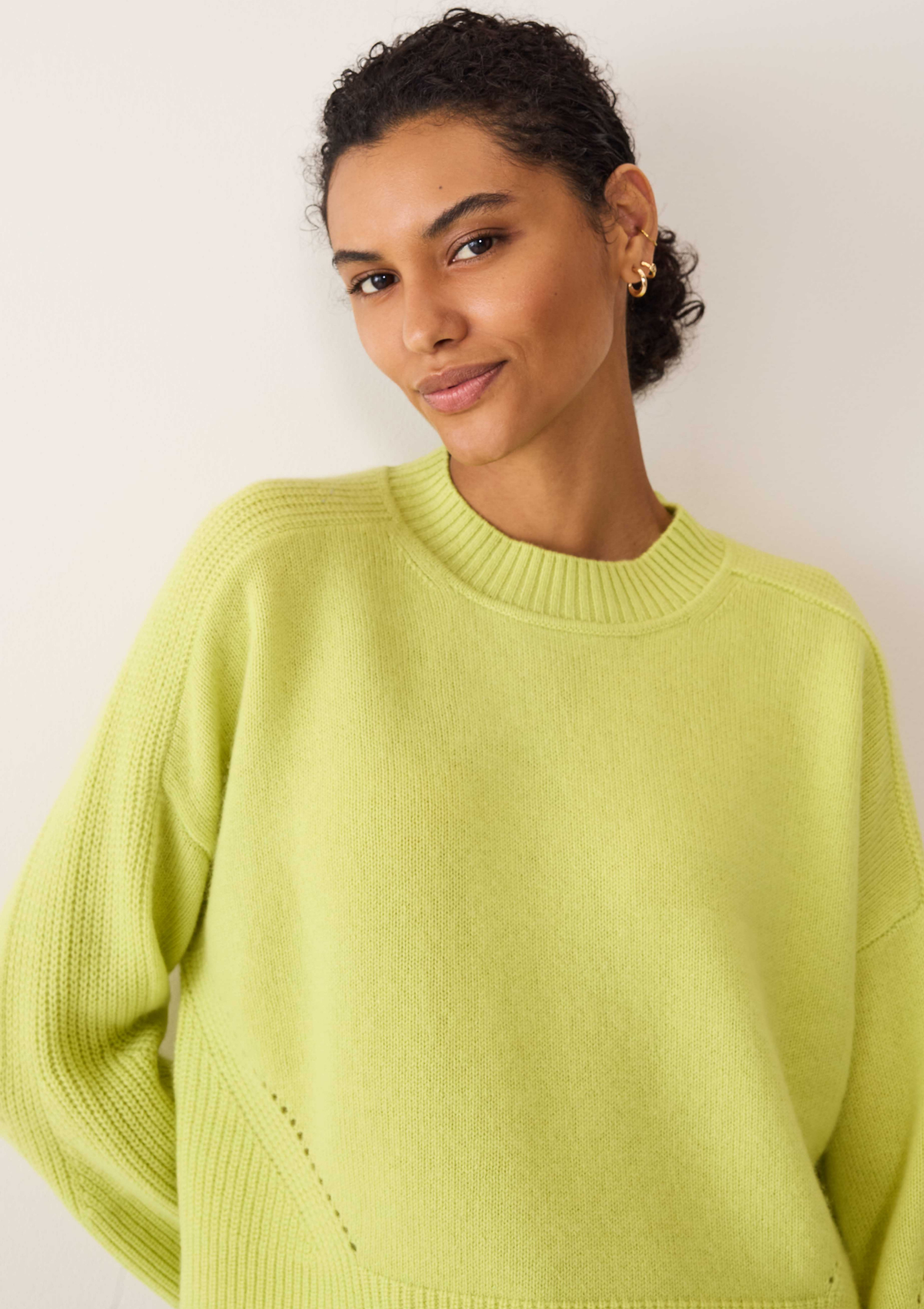 Ribbed Detail Lofty Crew Sweatshirt in Lime Green