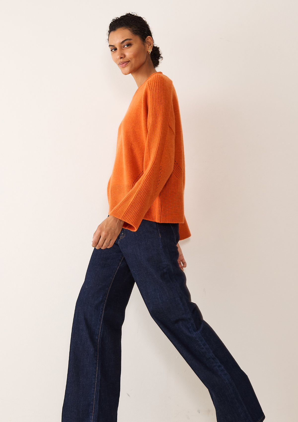 Ribbed Detail Lofty Crew Sweatshirt in Tiger Orange