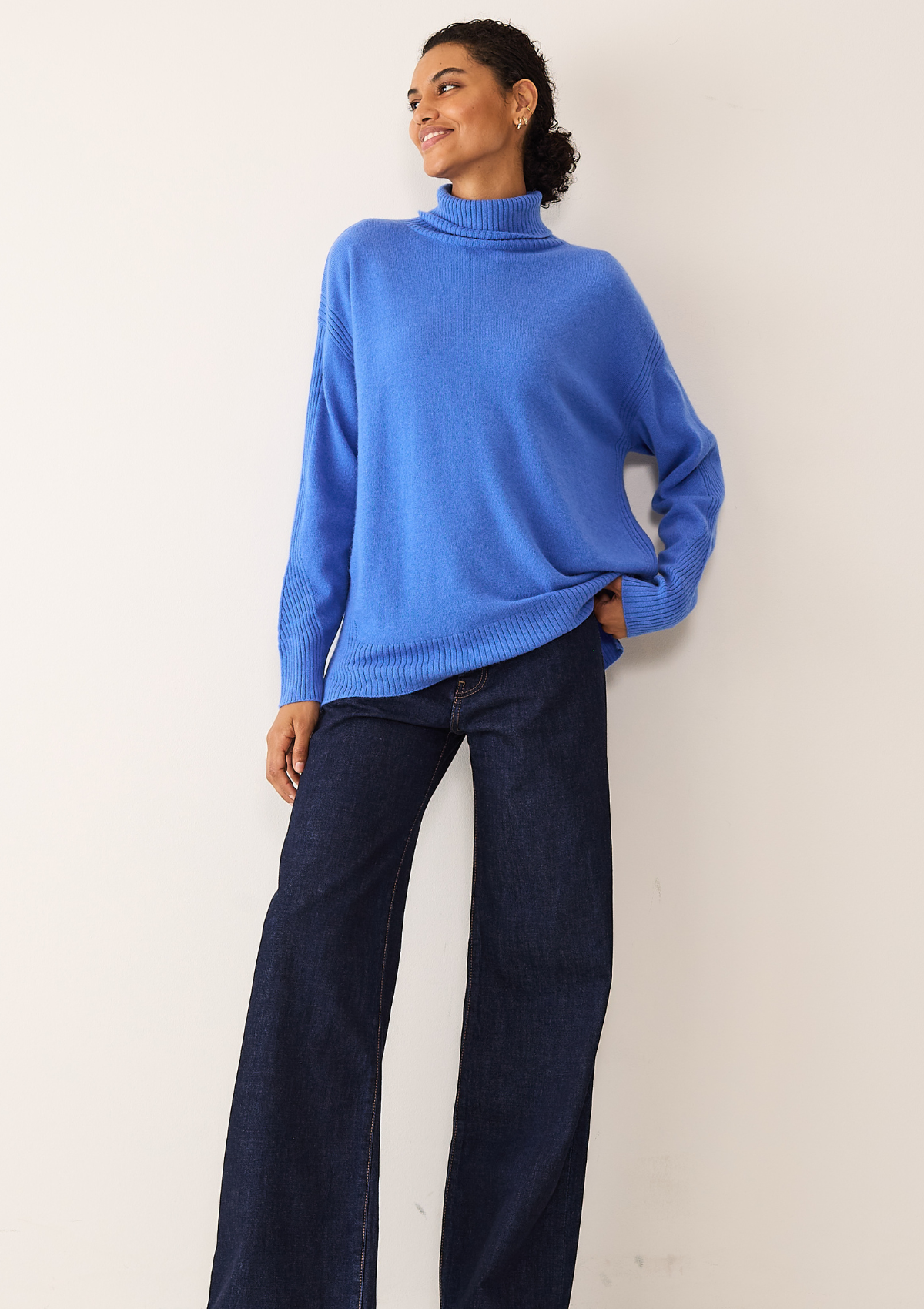 Chevron Detail Relaxed Polo Neck Sweater in Lake Blue