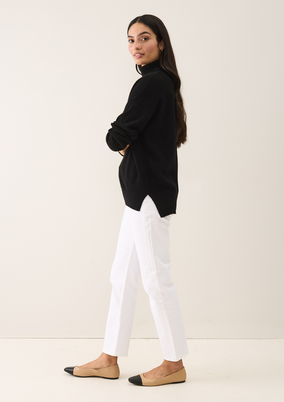 Chevron Detail Relaxed Polo Neck Sweater in Jet Black